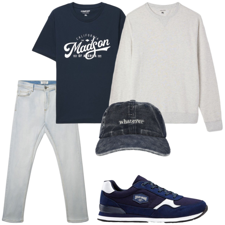 Outfit uomo - Total look #2493329. Stile Urban per Tutti i giorni. Abbinamento con felpe, jeans skinny, cappelli con visiera, t-shirt, sneakers.