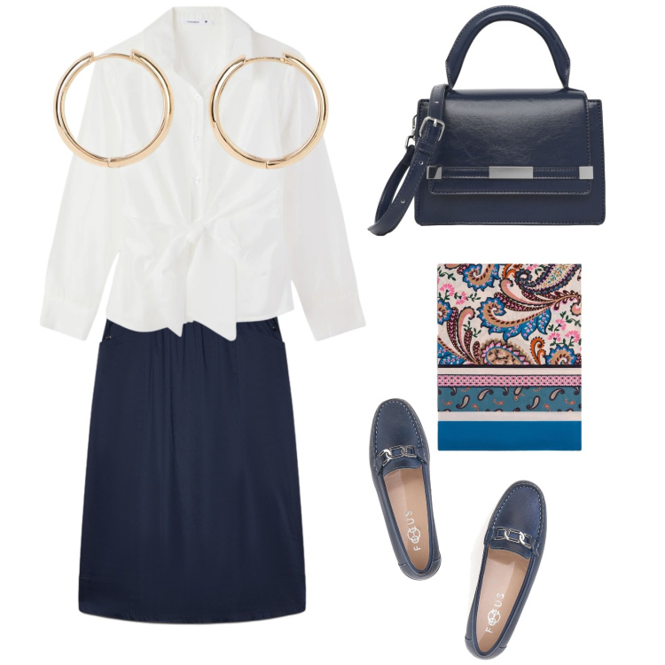 Outfit donna - Il basic per l'ufficio. Stile Vintage retrò per Ufficio. Abbinamento con orecchini, camicie, borse a tracolla, foulard, gonne lunghe, mocassini.