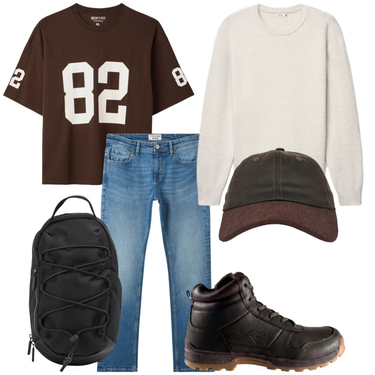 Outfit uomo - Weekend. Stile Casual per Tutti i giorni. Abbinamento con jeans, borse sportive, t-shirt, cappelli con visiera, maglieria, stivali e stivaletti.