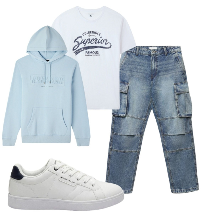 Outfit uomo - Total look #2493335. Stile Casual per Tutti i giorni. Abbinamento con jeans dritti, t-shirt, felpe con cappuccio, sneakers.