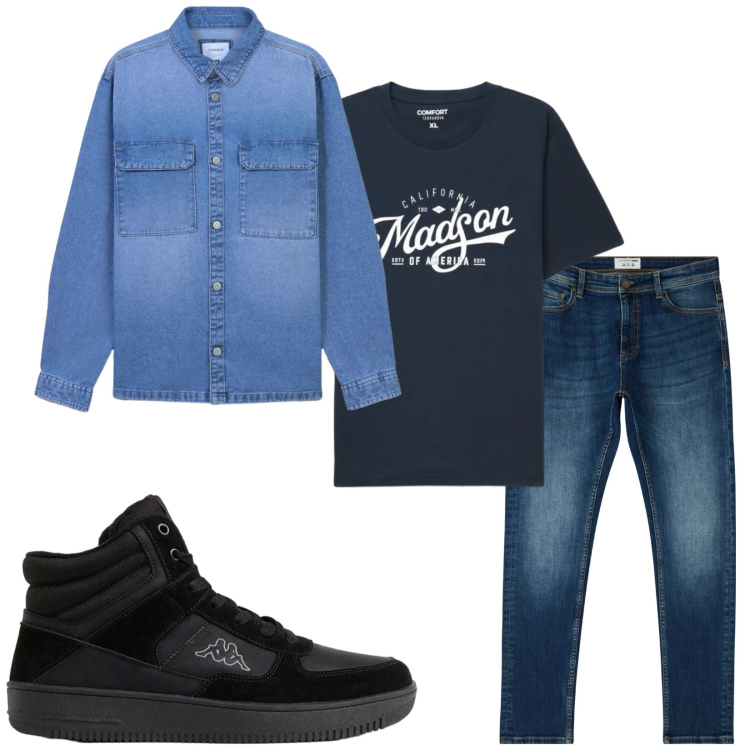 Outfit uomo - Total look #2493345. Stile Casual per Tutti i giorni. Abbinamento con jeans skinny, cappotti, t-shirt, sneakers alte.