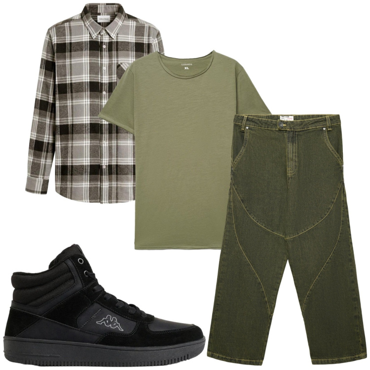 Outfit uomo - Total look #2493346. Stile Trendy per Tutti i giorni. Abbinamento con jeans dritti, t-shirt, sneakers alte, camicie.