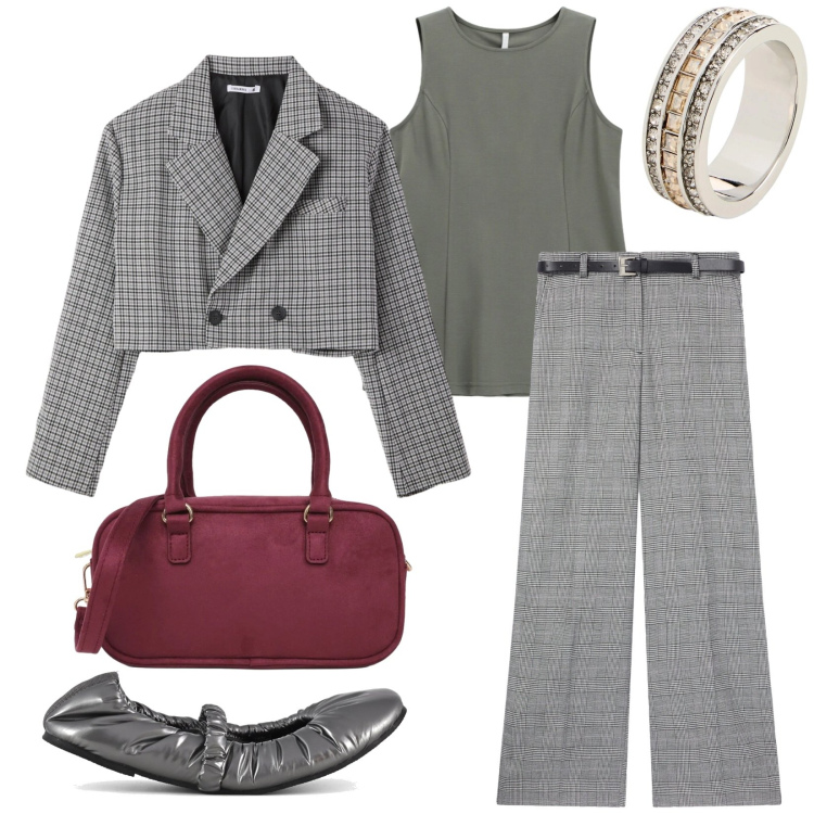 Outfit donna - Total look #2493349. Stile Casual chic per Scuola/Università. Abbinamento con canottiere, pantaloni, blazer, borse a tracolla, ballerine, anelli.
