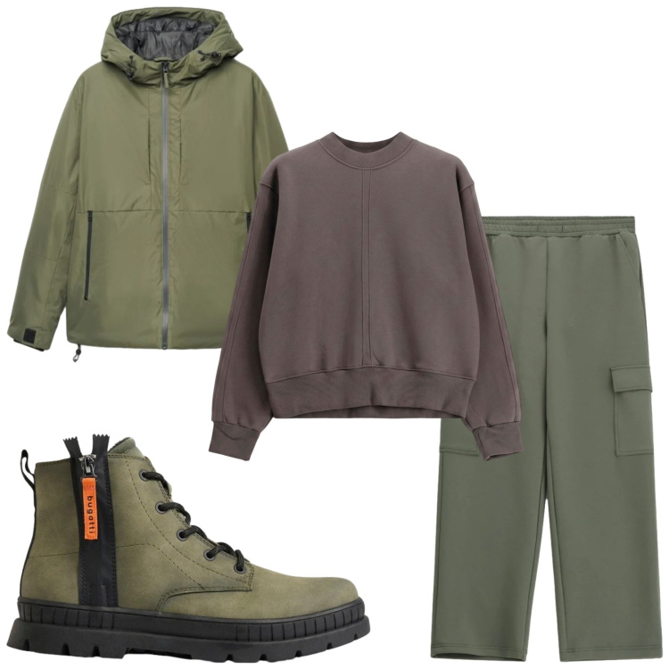 Outfit uomo - Total look #2493350. Stile Casual per Tutti i giorni. Abbinamento con felpe, pantaloni cargo, giacche, stivali e stivaletti.
