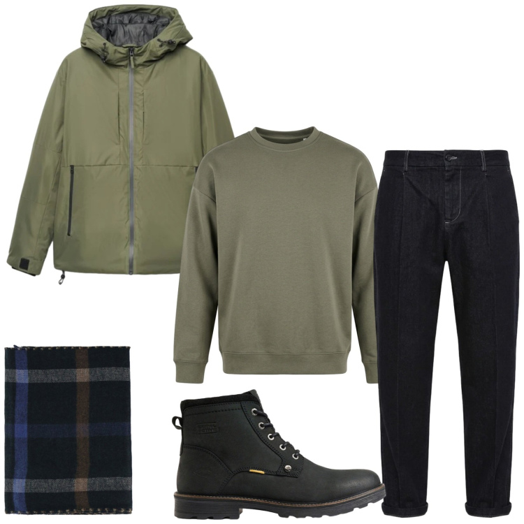 Outfit uomo - Total look #2493351. Stile Urban per Tutti i giorni. Abbinamento con sciarpe, felpe, jeans, giacche, stivali e stivaletti.