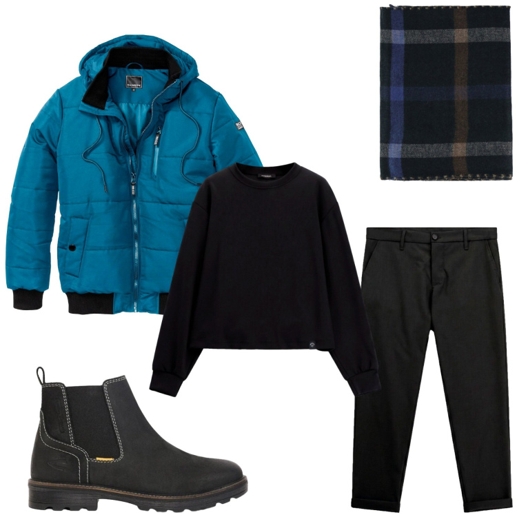 Outfit uomo - Total look #2493353. Stile Trendy per Tutti i giorni. Abbinamento con pantaloni, sciarpe, felpe, bomber, stivali e stivaletti.