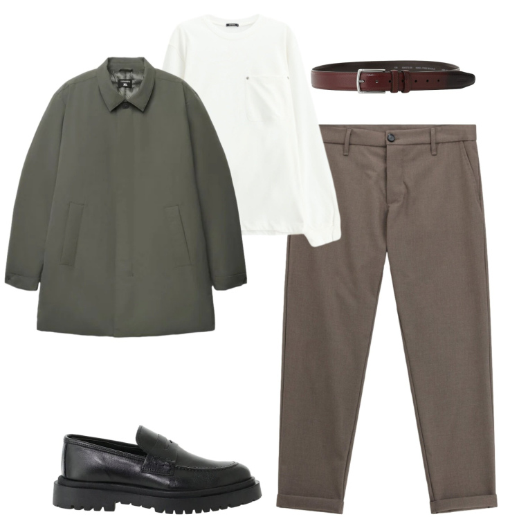 Outfit uomo - City. Stile Urban per Tutti i giorni. Abbinamento con pantaloni, cinture, scarpe stringate, t-shirt, trench.