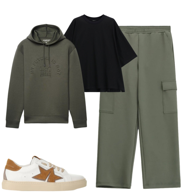 Outfit uomo - Ottobre. Stile Casual per Tutti i giorni. Abbinamento con t-shirt, sneakers, pantaloni cargo, felpe con cappuccio.
