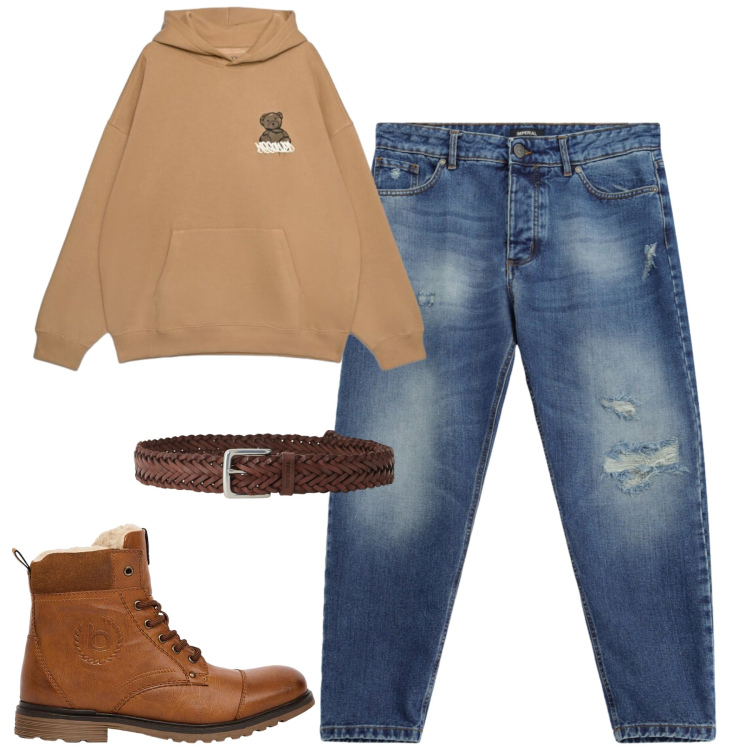 Outfit uomo - Ottobre. Stile Casual per Tutti i giorni. Abbinamento con jeans strappati, cinture, felpe con cappuccio, stivali e stivaletti.