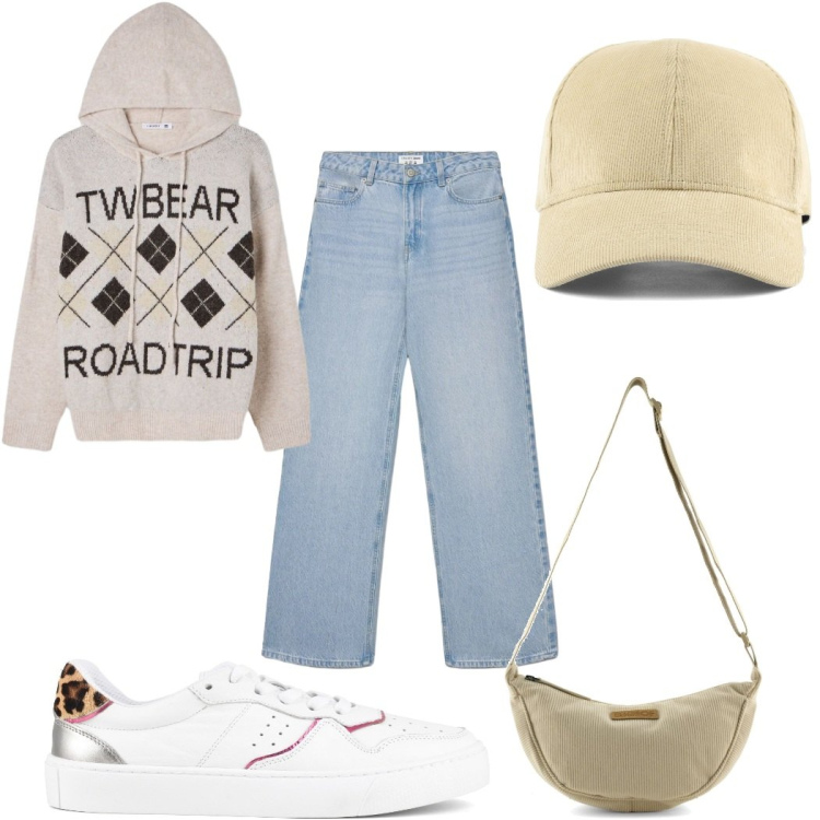 Outfit donna - Total look #2493367. Stile Casual per Tutti i giorni. Abbinamento con jeans, felpe con cappuccio, cappelli con visiera, borse a tracolla, sneakers.