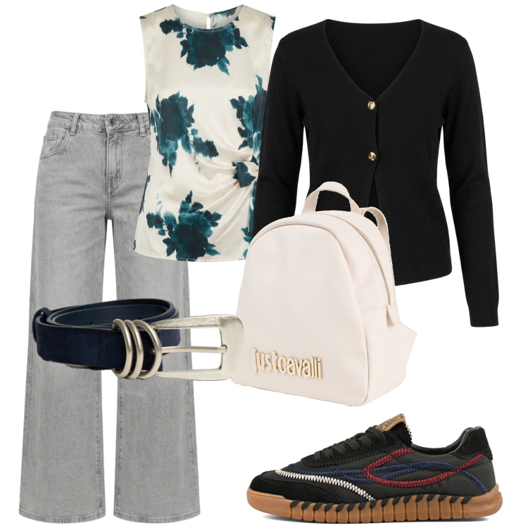 Outfit donna - Weekend fuori porta. Stile Casual chic per Tutti i giorni. Abbinamento con top, jeans a zampa, cinture, cardigans, zaini, sneakers.
