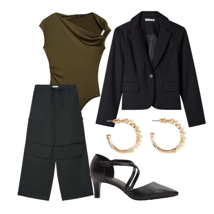 Outfit donna - Aperitivo in città. Stile Chic per Serata fuori. Abbinamento con top, pantaloni cargo, blazer, décolleté, orecchini.