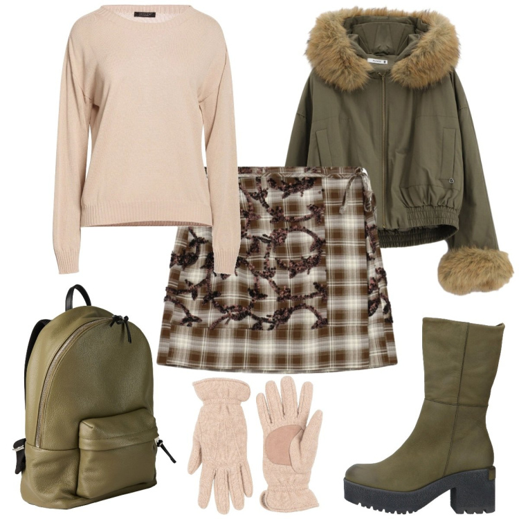 Outfit donna - Freddo. Stile Basic per Tutti i giorni. Abbinamento con minigonne, parka, guanti, pullovers, zaini, stivaletti.