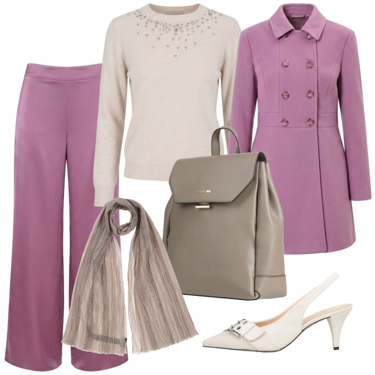 Outfit donna - Zaino in ufficio. Stile Basic per Ufficio. Abbinamento con pantaloni a palazzo, cappotti, maglieria, décolleté, sciarpe, zaini.