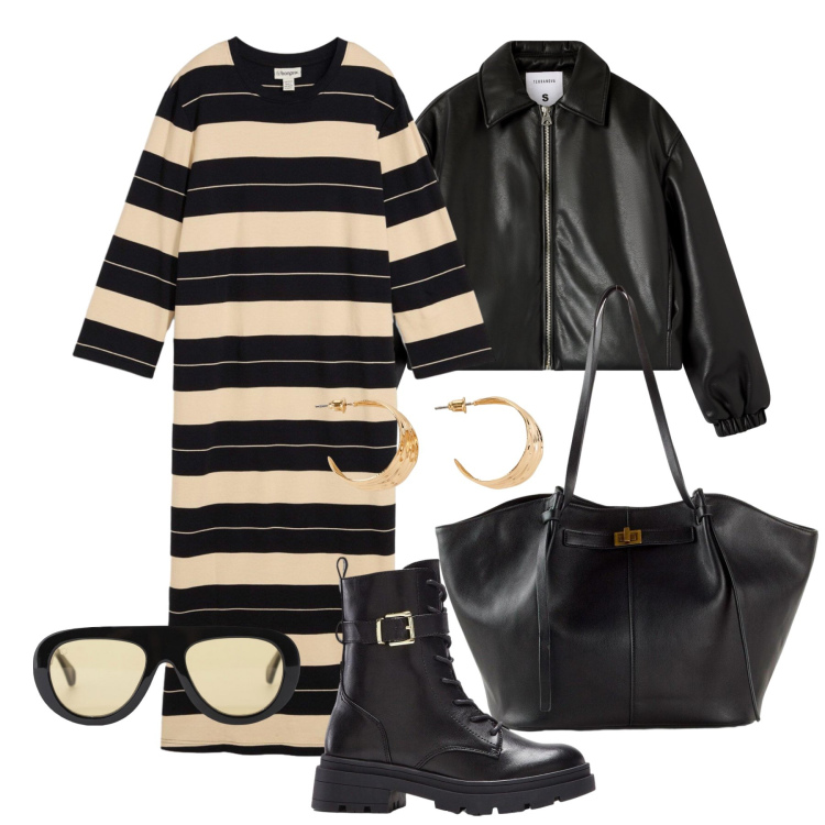 Outfit donna - Ottobre. Stile Trendy per Tutti i giorni. Abbinamento con occhiali da sole, bomber, vestiti, shopping bag, orecchini, anfibi.