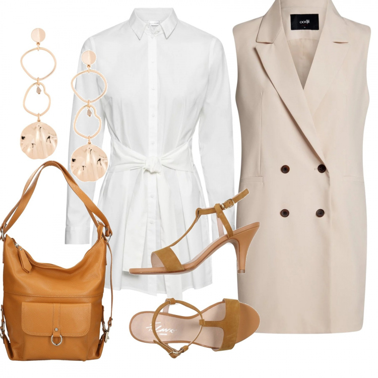 Outfit donna - Chic #3751. Stile Chic per Tutti i giorni. Abbinamento con vestiti, orecchini pendenti, sandali effetto scamosciato con fibbia e punta tonda tinta unita, cappotto a panciotto con spacco aderente beige, borsa a tracolla made italy con zip e tracolla regolabile marrone.