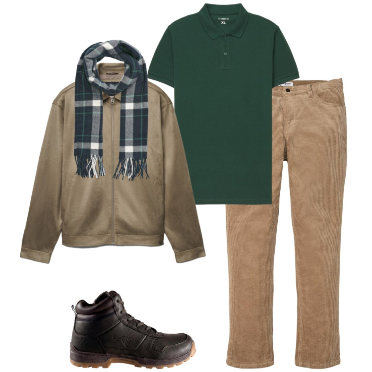 Outfit uomo - Total look #2493424. Stile Trendy per Tutti i giorni. Abbinamento con sciarpe, giacche, polo, pantaloni, stivali e stivaletti.