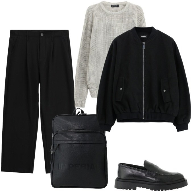 Outfit uomo - Minimale e Versatile: I Capi Essenziali. Stile Trendy per Tutti i giorni. Abbinamento con scarpe stringate, maglieria, borse sportive, bomber, pantaloni.