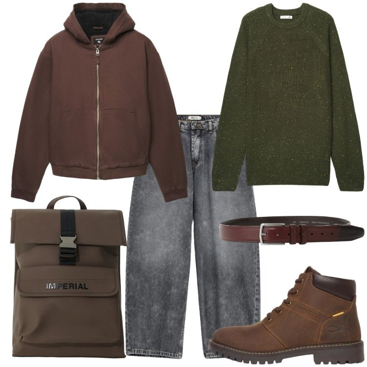 Outfit uomo - Weekend fuori porta. Stile Trendy per Tutti i giorni. Abbinamento con cinture, jeans, borse sportive, giacche, maglieria, stivali e stivaletti.