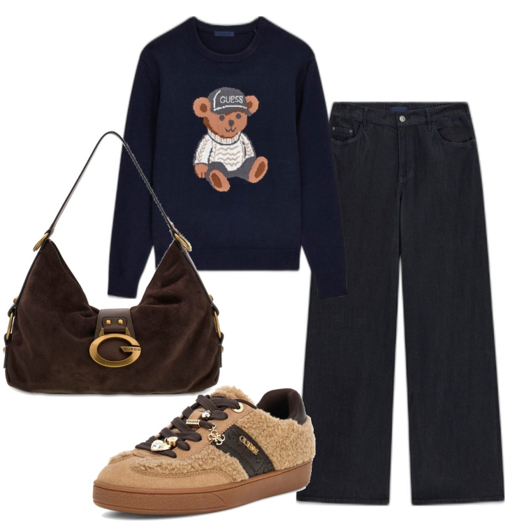 Outfit mujer - Casual. Estilo Casual para Todos los días. Combinación con vaqueros pata de elefante, sneakers, prendas de punto, bolsos de hombro.