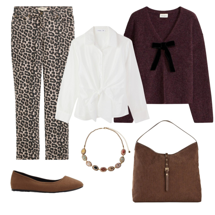 Outfit donna - La camicia bianca. Stile Bon Ton per Tutti i giorni. Abbinamento con collane, camicie, pantaloni, cardigans, shopping bag, ballerine.