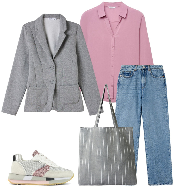 Outfit donna - Total look #2493498. Stile Casual per Tutti i giorni. Abbinamento con jeans dritti, shopping bag, camicie, blazer, sneakers.
