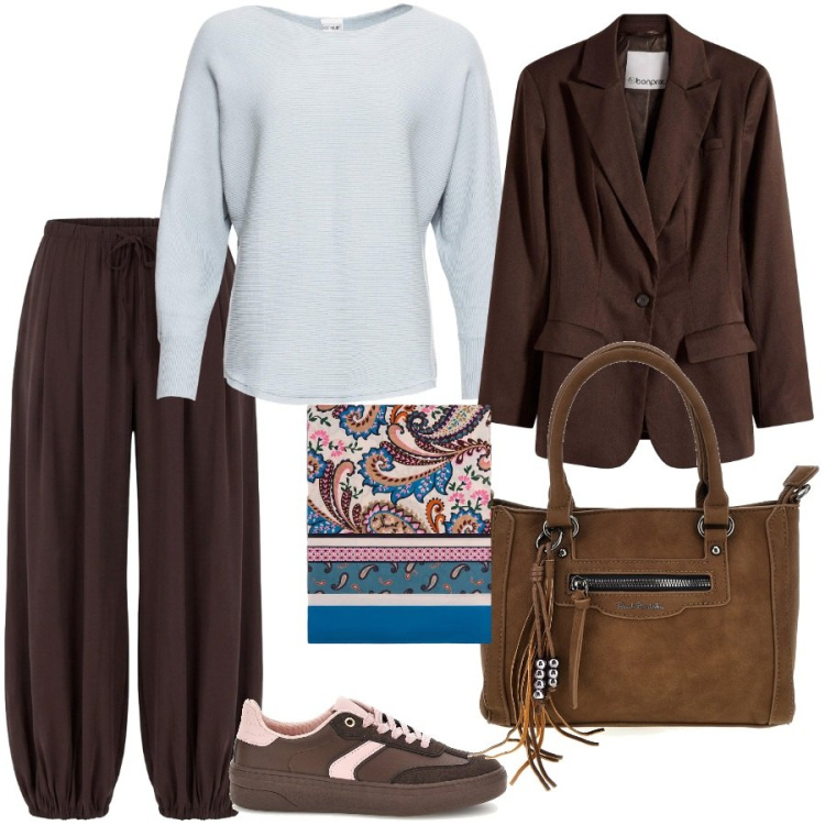 Outfit donna - Total look #2493499. Stile Casual chic per Tutti i giorni. Abbinamento con foulard, pantaloni, borse a mano, blazer, sneakers, maglieria.