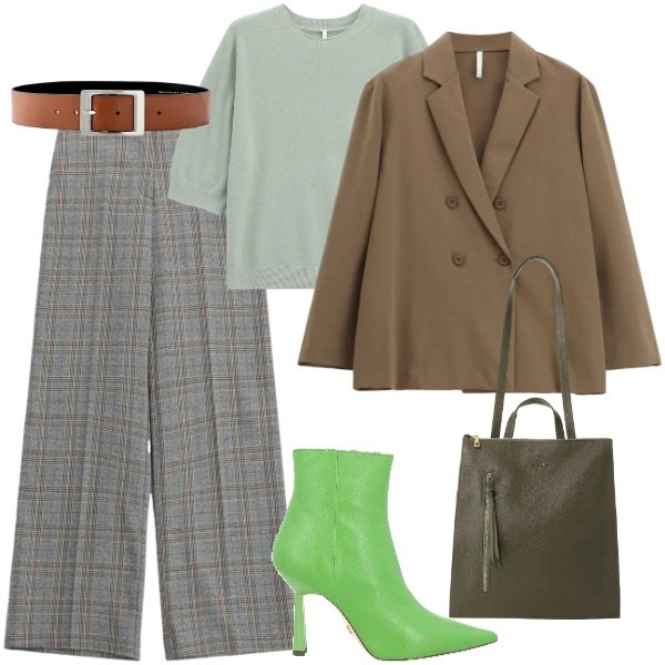 Outfit donna - In ufficio. Stile Basic per Ufficio. Abbinamento con pantaloni a palazzo, maglieria, borse a tracolla, blazer, stivaletti, cinture.