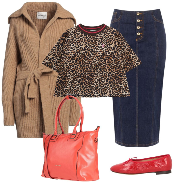 Outfit donna - Total look #2493507. Stile Casual chic per Ufficio. Abbinamento con t-shirt, gonne longuette, cardigans, ballerine, zaini.