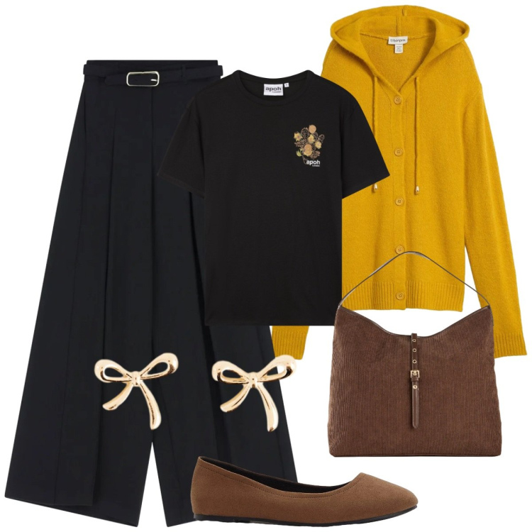 Outfit donna - Fiocchetti. Stile Basic per Serata fuori. Abbinamento con pantaloni a palazzo, t-shirt, ballerine, cardigans, shopping bag, orecchini.