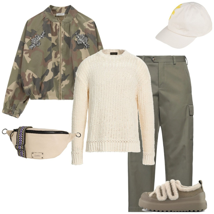 Outfit donna - Total look #2493509. Stile Casual per Tutti i giorni. Abbinamento con bomber, pantaloni cargo, pullovers, marsupi, cappelli con visiera, sneakers.