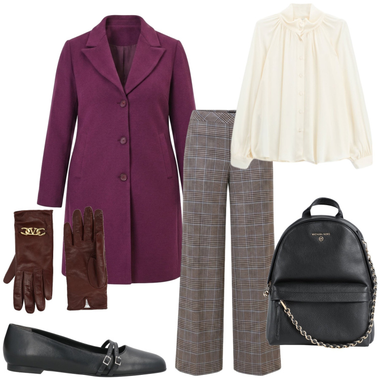 Outfit donna - Total look #2493517. Stile Chic per Tutti i giorni. Abbinamento con camicie, cappotti, pantaloni, zaini, ballerine, guanti.
