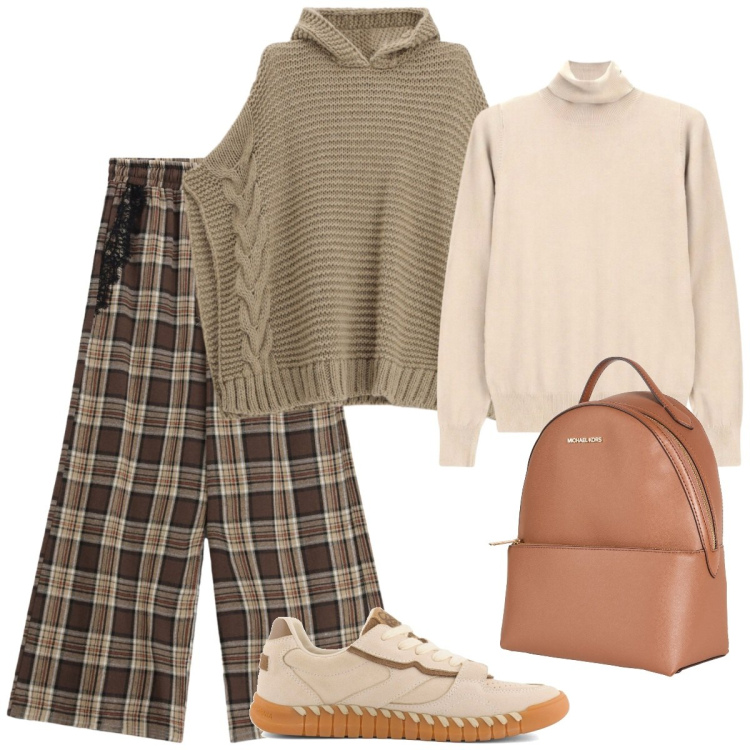 Outfit donna - Quadri. Stile Basic per Tutti i giorni. Abbinamento con maglieria, pantaloni a palazzo, pullovers, zaini, sneakers.