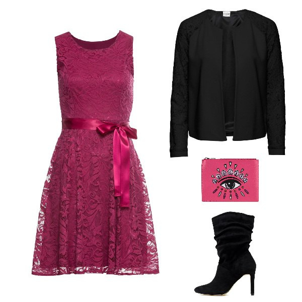 Outfit donna - Cerimonia Primaverile - Rock. Stile Rock per Cerimonia. Abbinamento con blazer, vestiti, pochette, stivali con tacco spillo a punta.