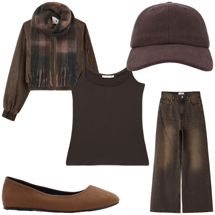 Outfit donna - Autunnale. Stile Urban per Tutti i giorni. Abbinamento con bomber, jeans, canottiere, cappelli con visiera, sciarpe, ballerine.