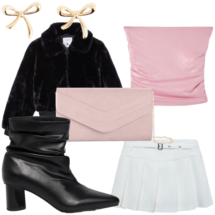 Outfit donna - Per la disco. Stile Sexy per Serata fuori. Abbinamento con ecopellicce, minigonne, top, clutch, stivaletti, orecchini.