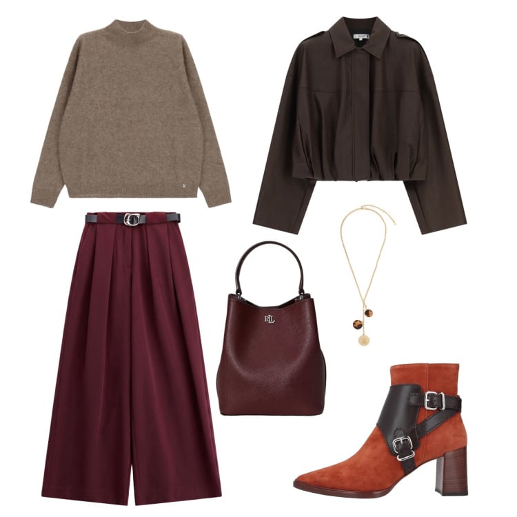 Outfit donna - The Smart Escape: Città d'Arte. Stile Casual per Serata fuori. Abbinamento con stivaletti, pantaloni a palazzo, bomber, pullovers, borse a secchiello, collane.