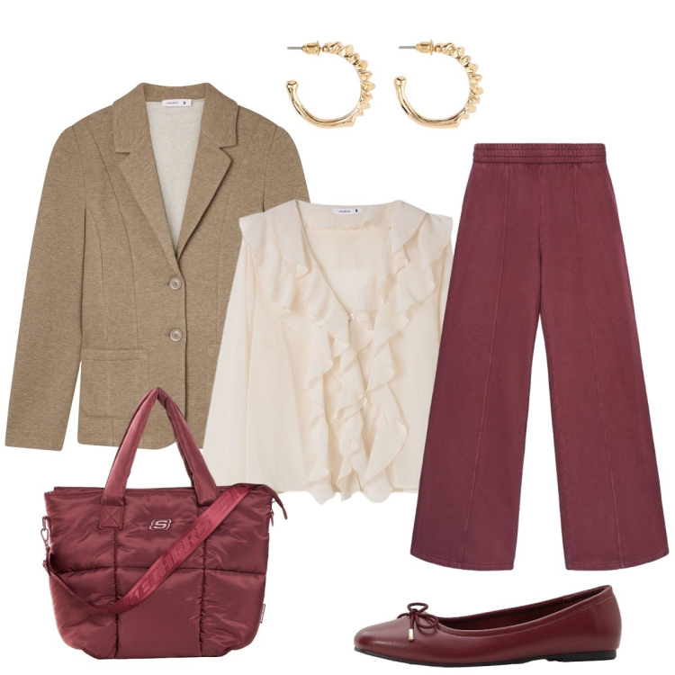 Outfit donna - Femminilità bon ton e tagli maschili. Stile Casual chic per Tutti i giorni. Abbinamento con pantaloni, blazer, bluse, shopping bag, ballerine, orecchini.