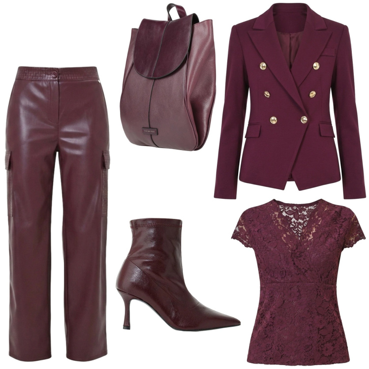 Outfit donna - Stilosa in bordeaux. Stile Trendy per Tutti i giorni. Abbinamento con stivaletti, top, pantaloni cargo, blazer, zaini.