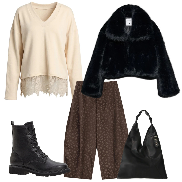 Outfit donna - Sabato trendy. Stile Glamour per Tutti i giorni. Abbinamento con borse a spalla, felpe, pantaloni, blazer, stivaletti.