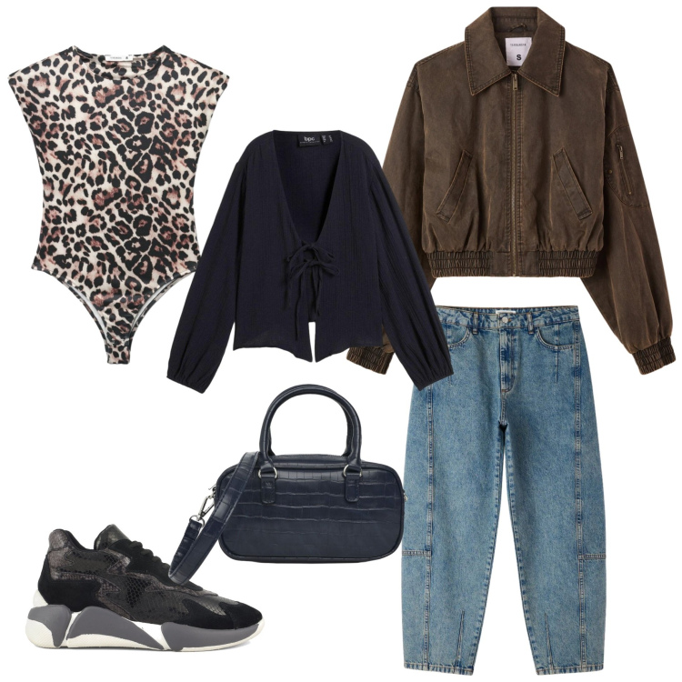 Outfit donna - A spasso al parco. Stile Casual per Tutti i giorni. Abbinamento con top, bomber, jeans, borse a tracolla, sneakers alte, cardigans.