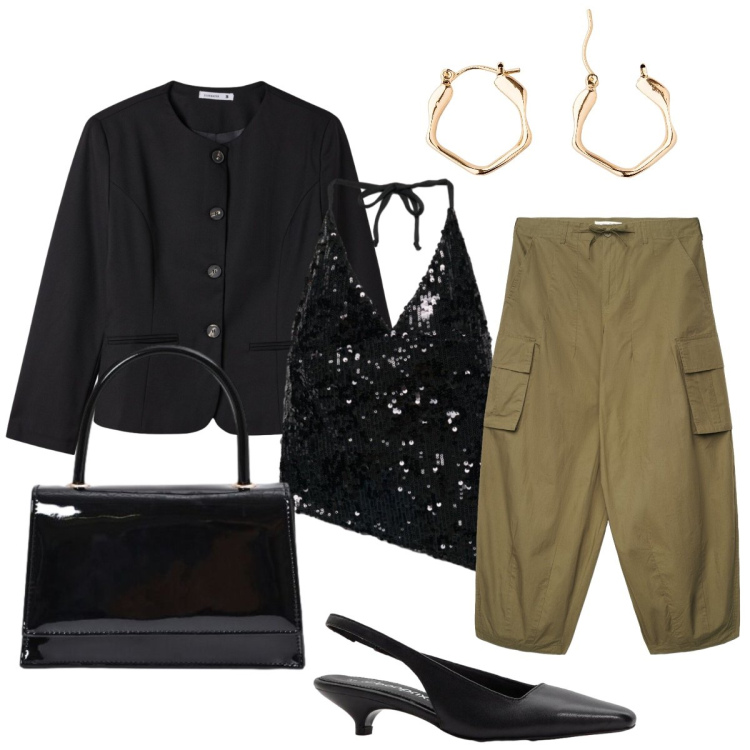 Outfit donna - Serata. Stile Glamour per Serata fuori. Abbinamento con borse a mano, pantaloni cargo, top, blazer, orecchini, décolleté.