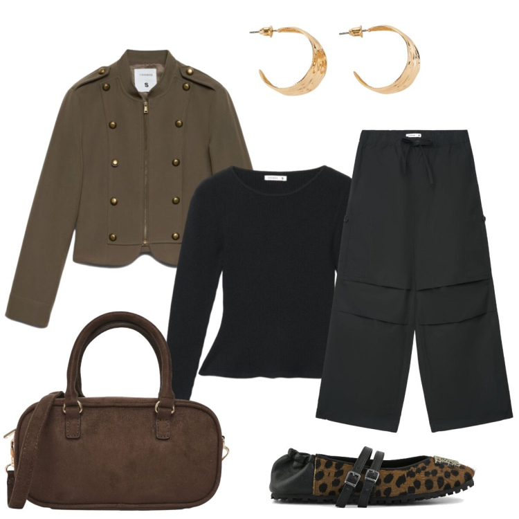 Outfit donna - Cargo e blazer. Stile Glamour per Tutti i giorni. Abbinamento con pantaloni cargo, borse a tracolla, blazer, maglieria, ballerine, orecchini.