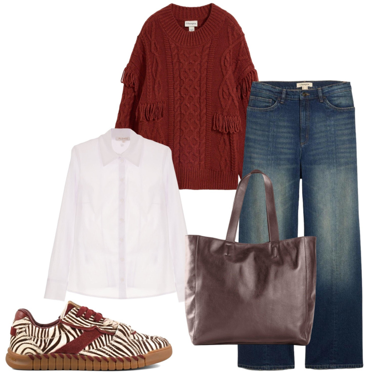 Outfit donna - Total look #2493577. Stile Casual chic per Tutti i giorni. Abbinamento con camicie, jeans dritti, sneakers, maglieria, shopping bag.