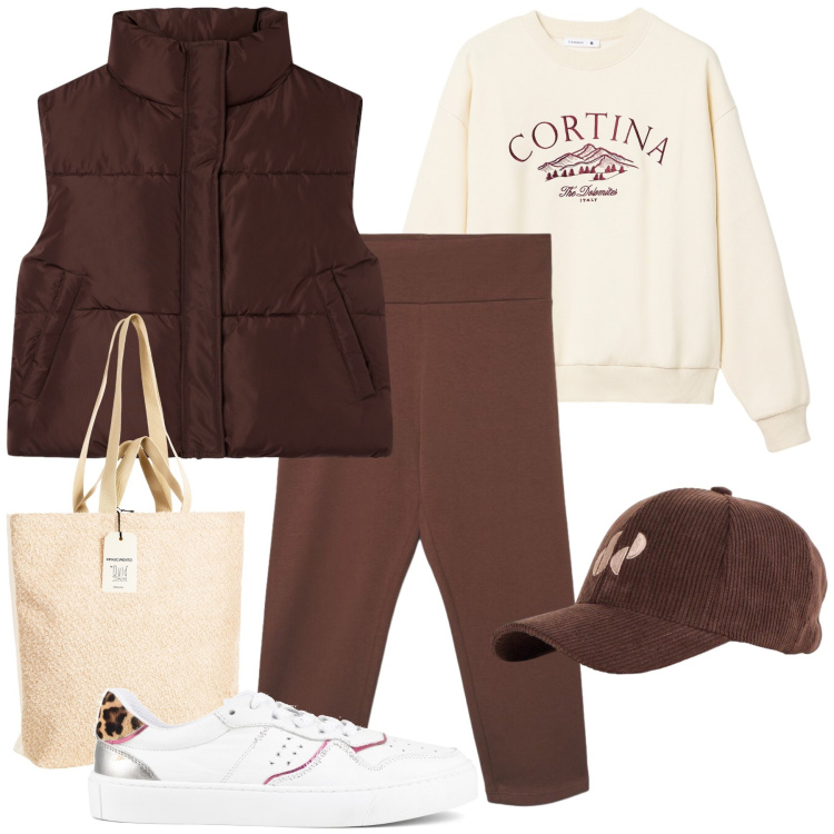Outfit donna - Total look #2493582. Stile Casual chic per Tutti i giorni. Abbinamento con borse tote, piumini, felpe, leggings, sneakers, cappelli con visiera.