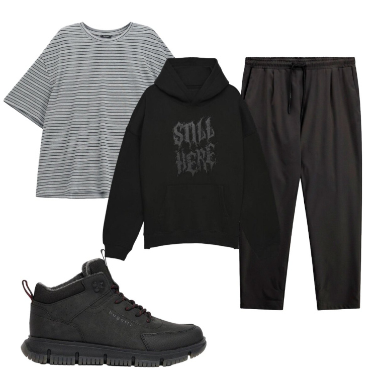 Outfit uomo - Total look #2493585. Stile Casual per Tutti i giorni. Abbinamento con t-shirt, pantaloni, felpe con cappuccio, stivali e stivaletti.