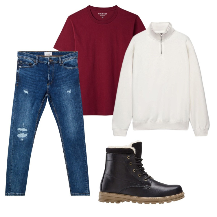 Outfit uomo - Total look #2493586. Stile Casual per Tutti i giorni. Abbinamento con jeans strappati, t-shirt, felpe, stivali e stivaletti.