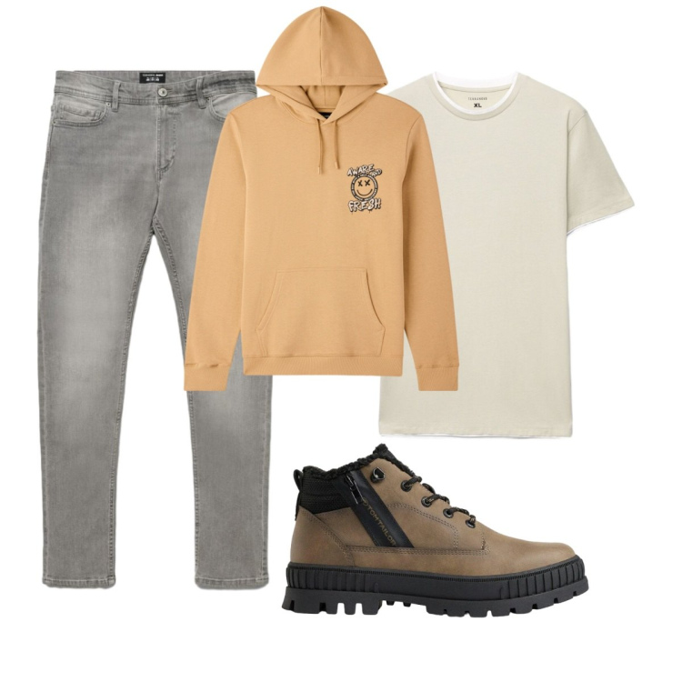 Outfit uomo - Total look #2493587. Stile Casual per Tutti i giorni. Abbinamento con felpe con cappuccio, t-shirt, jeans skinny, stivali e stivaletti.