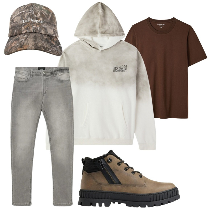 Outfit uomo - Total look #2493590. Stile Casual per Tutti i giorni. Abbinamento con felpe con cappuccio, cappelli con visiera, jeans skinny, t-shirt, stivali e stivaletti.