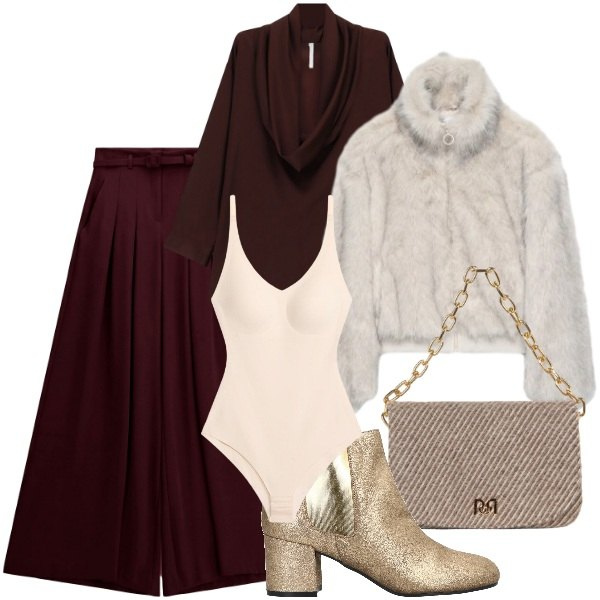 Outfit donna - Inverno. Stile Basic per Ufficio. Abbinamento con pantaloni a palazzo, bluse, borse a spalla, stivaletti chelsea, bomber, body.